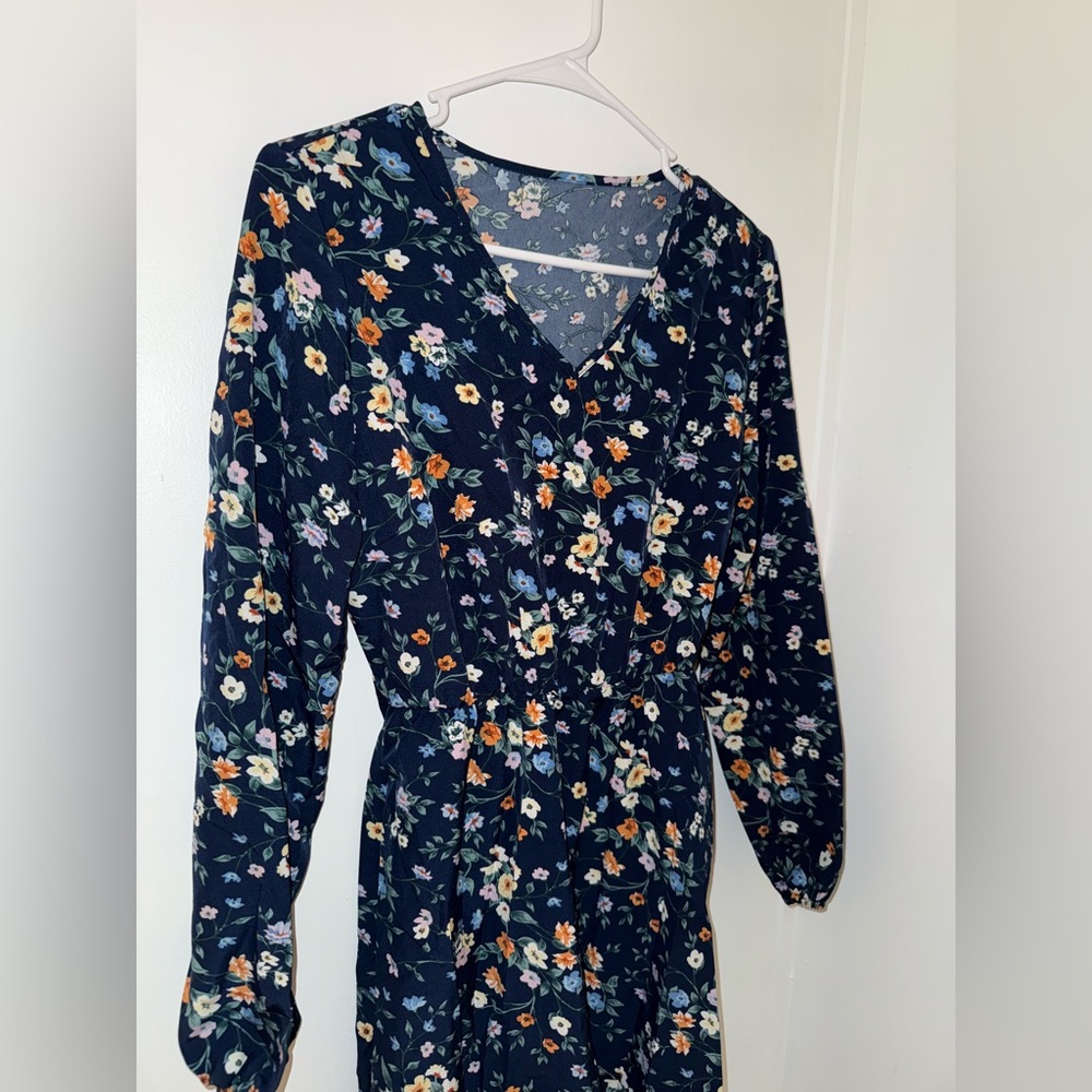 dressin dark blue floral long sleeve dress with self tie belt NWT